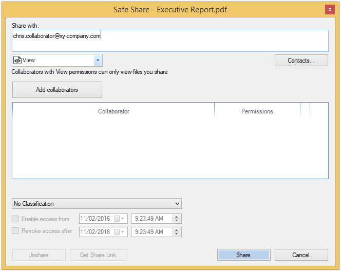 Safe Share dialog box
