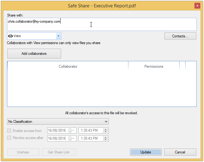 SafeShare dialog box