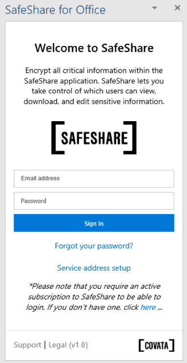 SafeShare Office Add-in Login Page