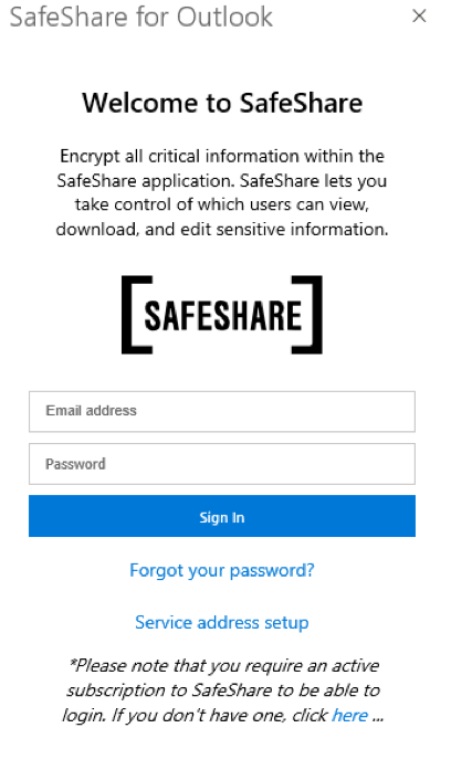 SafeShare for Outlook Add-in Login Page