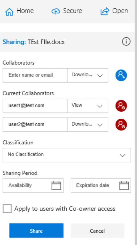 Sharing a file using the Office Add-in